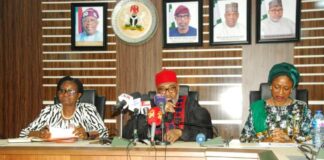 The Minister of State, Ministry of Steel Development, His Excellency Uba Maigari Ahmadu (middle), flanked on his left by the Permanent Secretary Ministry of Solid Minerals Development/ Ministry of Steel Development Dr. Mary A Ogbe and on his right by the Executive Secretary/CEO, Nigerian Investment Promotion Commission, during a courtesy visit by the NIPC to the Ministry on Thursday, 23rd November 2023 in Abuja.