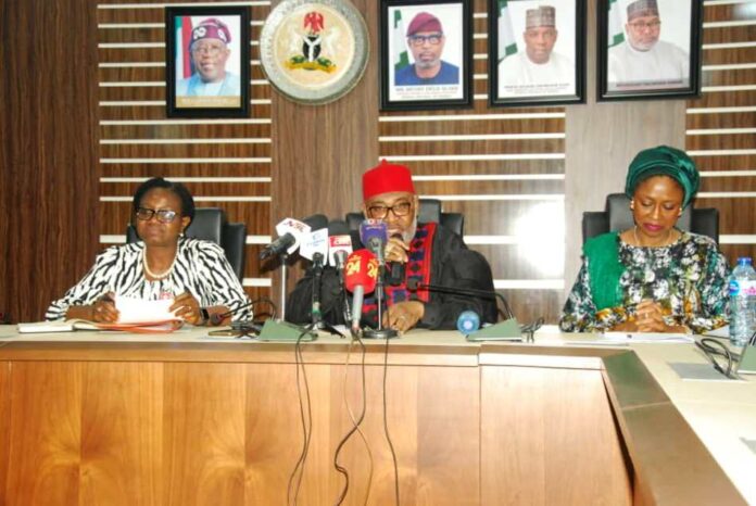 courtesy visit by the NIPC The Minister of State, Ministry of Steel Development, His Excellency Uba Maigari Ahmadu (middle), flanked on his left by the Permanent Secretary Ministry of Solid Minerals Development/ Ministry of Steel Development Dr. Mary A Ogbe and on his right by the Executive Secretary/CEO, Nigerian Investment Promotion Commission, during a courtesy visit by the NIPC to the Ministry on Thursday, 23rd November 2023 in Abuja.