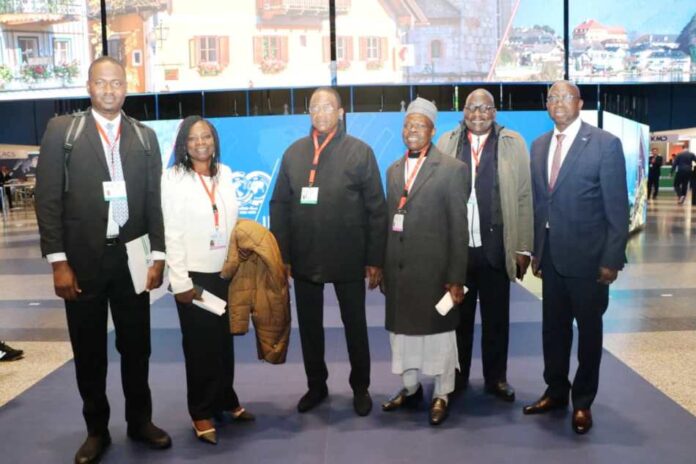 interpol vienna.jpgd L-R: Maina Bukar Alibe; Director, Police Inspectorate Department (PID) Mrs. Bola Blessing Aderele; Minister of Police Affairs, Senator Ibrahim Gaidam; Special Assistant (HM), Kuwata Moh’d Goni; Head (INTERPOL, National Crime Bureau), AIG Lanre Bankole and Vice President Africa (INTERPOL), AIG Umar Garba (RTD) during 91st Interpol General Assembly in Vienna, Austria to commemorate the Centenary Celebrations