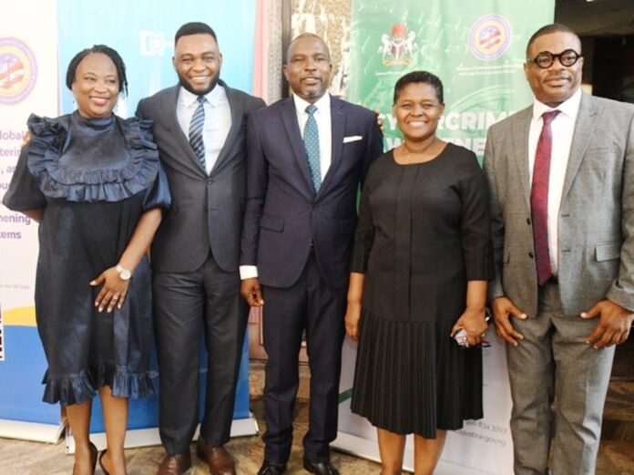 pix 2 (R-L)Representative of the Inspector General of Police, Uche Ifeanyi, Representative of the SGF/PS Mrs. Gladys Odegbaro, Chairman Senate Committee on ICT and Cyber Security, Afolabi Salisu, Cybercrime program INL officer, Idongesit Udoh, Head of Cybercrime Unit of the Ministry , Mrs. Jemila Akaaga Ade, during the Cybercrime Awareness program in Abuja on Wednesday (8/11/23)