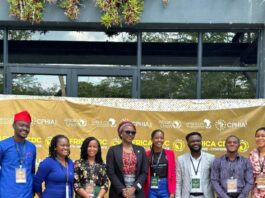 4th left, Honourable Minister of Youth Development, Dr. Jamila Bio -Ibrahim and some Nigerian youth who attended the 2023 Africa CDC Youth Pre-Conference in Lusaka Zambia.