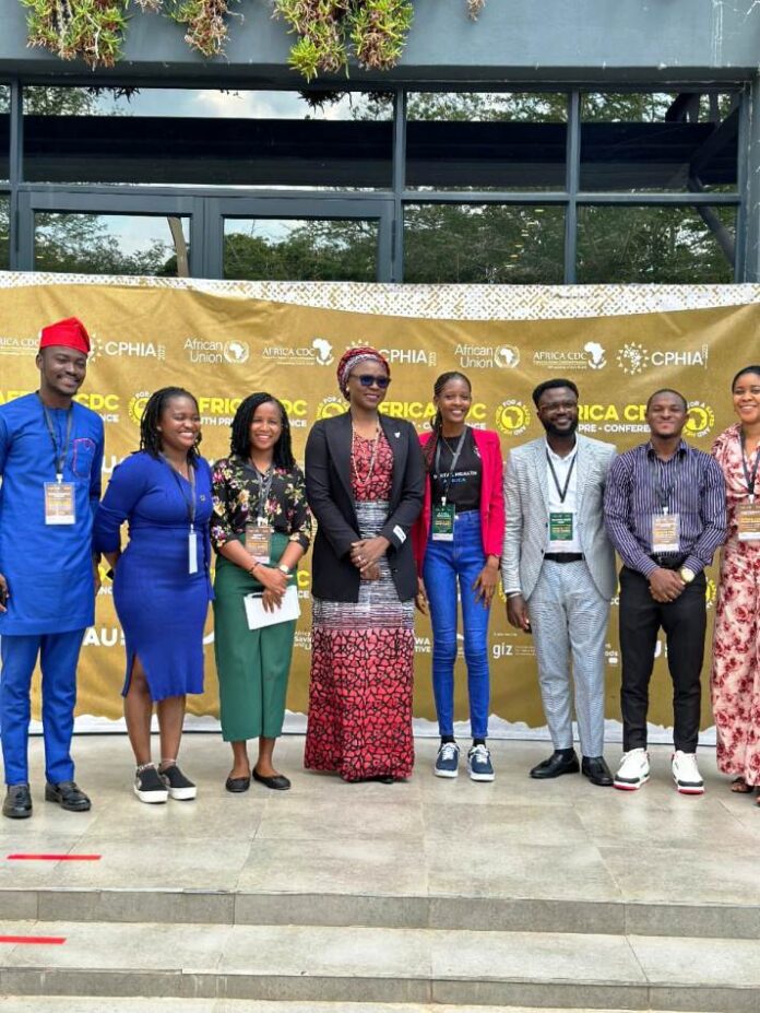 4th left, Honourable Minister of Youth Development, Dr. Jamila Bio -Ibrahim and some Nigerian youth who attended the 2023 Africa CDC Youth Pre-Conference in Lusaka Zambia.