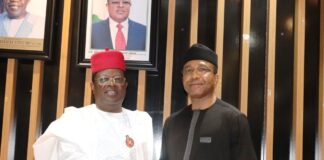 L-R, Hon. Minister of Works, H. E. David Umahi, with the Managing Director/CEO FERMA, Engr. Chukwuemeka C. Agbasi, PhD, DIC, FNSE, FNIHTE, during the inauguration of the 6th Governing Board of FERMA by the Hon. Minister today 21st December, 2023