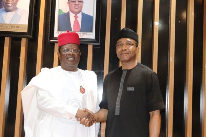 6th Governing Board of FERMA1 L-R, Hon. Minister of Works, H. E. David Umahi, with the Managing Director/CEO FERMA, Engr. Chukwuemeka C. Agbasi, PhD, DIC, FNSE, FNIHTE, during the inauguration of the 6th Governing Board of FERMA by the Hon. Minister today 21st December, 2023
