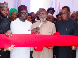 L-R: CEO/Founder, Amal Technologies Limited Shehu Tijjani Abdullahi, Minister of State for Youth, Ayodele Olawande, the Honorable Minister of Solid Minerals Development, Dr. Dele Alake and Executive Secretary, NCDMB, Engr. Felix Omatsola Ogbe during the official commissioning of Amal technology production facility for Gas leak detection device and printed circuit board in Abuja, on Dec. 21, 2023.