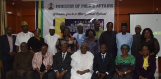 seated L-R: AIG Kayode Aderanti (Rtd),Director (Planning, Reseach and Statistics) Azeez Atinuke Margaret; Head (INTERPOL, National Crime Bureau), AIG Lanre Bankole; Permanent Secretary (Ministry ofPolice Affairs), Dr. Nasir Sani Gwarzo; Inspector General of Police representative, AIG Abouyari Shuayau Lafia; Director (Finance & Accounts); Bakre Juliana Modupe; Director (General Services) Edemanya Brayila Ibilola and other Directors during a 2-day retreat with the theme: Re-Envisioning the Ministry of Police Affairs for Effective Internal Security; Strengthening Administration and Management Functions for Resilience and Efficiency held in Abuja recently.