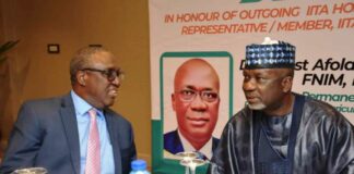 L-R, The Director General, IITA, Dr. Simeon Ehui and Permanent Secretary, Dr. Ernest Umakhihe during the Dinner in Abuja.
