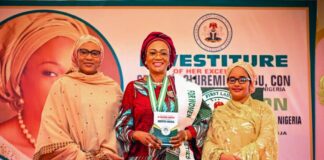 From left: Wife of the Vice President of the Federal Republic of Nigeria Hajia Nana Shetima, First Lady of the Federal Republic of Nigeria Senator Oluremi Tinubu, CON and Wife of the Speaker House of Representatives Hajia Fatima Tajudeen Abass at the investiture of the First Lady as the Grand Patron of The National Council for Women Societies, NCWS, Nigeria held at the State House Abuja