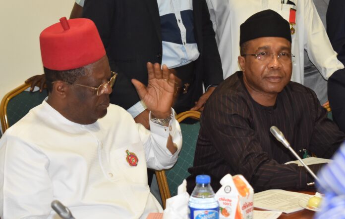 L-R, Honourable Minister of Work, H. E. David Umahi, with the Managing Director/CEO, FERMA, Engr. (Dr.) Chukwuemeka Agbasi, FNSE, FNIHTE, during FERMA’s 2024 budget defence at the NASS recently.