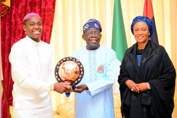 President Tinubu salutes Excellence of Nigerian Women as he hosts Super Falcons Star Asisat Oshoala