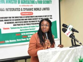 The Representative of the Permanent Secretary, Director, Human Resources Management, Mrs Oluwatoyin Alade, during the Workshop in Abuja.