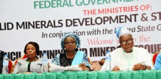 Occasion: 5th Edition National Council On Mining And Mineral Resources Development (NCMMRD) Meeting. L-R: Mrs. Funke Sokoya , Kwara State Permanent Secretary Ministry of Solid Mineral Development; Dr. Mary Ogbe, Permanent Secretary Ministries of Solid Minerals Development/ Steel Development & Engr. Linus Asuquo, Director-General/CEO, National Meteorological Development Centre.