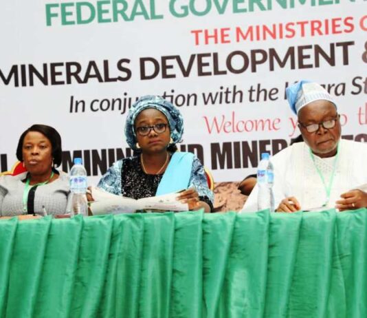 Occasion: 5th Edition National Council On Mining And Mineral Resources Development (NCMMRD) Meeting. L-R: Mrs. Funke Sokoya , Kwara State Permanent Secretary Ministry of Solid Mineral Development; Dr. Mary Ogbe, Permanent Secretary Ministries of Solid Minerals Development/ Steel Development & Engr. Linus Asuquo, Director-General/CEO, National Meteorological Development Centre.