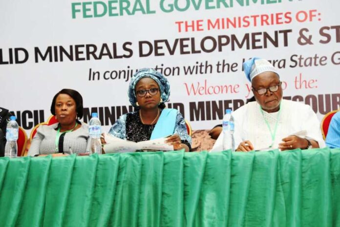 5th Edition National Council On Mining And Mineral Resources Occasion: 5th Edition National Council On Mining And Mineral Resources Development (NCMMRD) Meeting. L-R: Mrs. Funke Sokoya , Kwara State Permanent Secretary Ministry of Solid Mineral Development; Dr. Mary Ogbe, Permanent Secretary Ministries of Solid Minerals Development/ Steel Development & Engr. Linus Asuquo, Director-General/CEO, National Meteorological Development Centre.