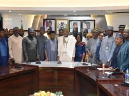 Minister of Agriculture and Food Security,Sen. Abubakar Kyari and Nigeria Agro Dealers Association, during the Association's courtesy visit in Abuja