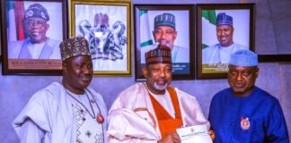 L-R, Minister of State, Agriculture and Food Security, Sen. Dr. Aliyu Abdullahi, Minister of Agriculture and Food Security, Sen. Abubakar Kyari and Governor, Ekiti State, during the Courtesy Visit.
