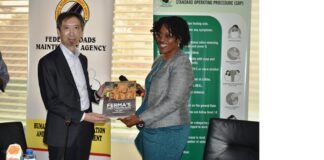 R-L, Ag. Managing Director/CEO, FERMA, Engr. (Dr.) Ini L. Usoro, FNSE, presenting one of the Agency’s publications to the Leader of the delegation from JICA, Mr. Yamauchi, during their visit to FERMA on Wednesday 17th January, 2024