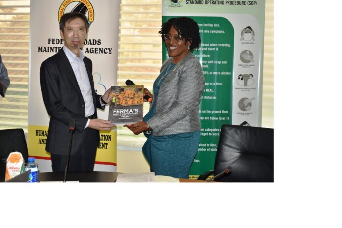 R-L, Ag. Managing Director/CEO, FERMA, Engr. (Dr.) Ini L. Usoro, FNSE, presenting one of the Agency’s publications to the Leader of the delegation from JICA, Mr. Yamauchi, during their visit to FERMA on Wednesday 17th January, 2024