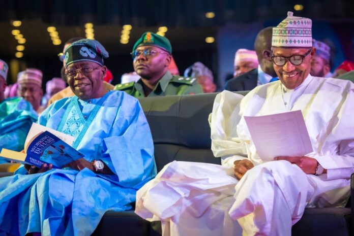President Tinubu and Former President, Buhari during the launch of two books on the former President
