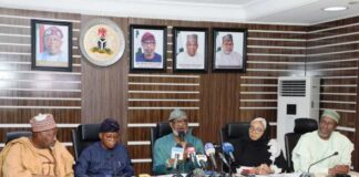 MIDDLE on the High Table; the Honourable Minister of Solid Minerals Development, Dr Oladele Alake addresses the Press Corps covering the Ministry on the Kernels of discussions during the closed door session of the second meeting of the ad-hoc committee meeting. Membership of this expanded Inter-Ministerial Committee comprises the critical security agencies - Army, Navy, Airforce, NSAs Office , IGP, Commandant of NSCDC and Commandant of Forest Guards. The Hon. Ministers of Defence, Marine and Blue Economy, Police Affairs ( State), Environment and Interior were also present as members of the Presidential Committee On Securing Natural Resources.