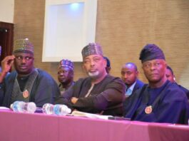 L-R, the Minister of State, Sen. Dr. Aliyu Abdullahi, Minister of Agriculture and Food Security, Sen. Abubakar Kyari and Minister of Finance, Mr. Wale Edu, during the takeholders Meeting.