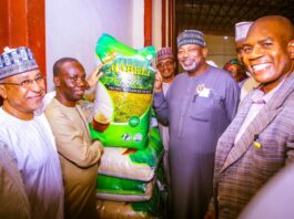 The Hon. Minister of Agriculture and Food Security, Sen. Abubakar Kyari during the Working Visit to Mabeli Rice Mill in Niger State.