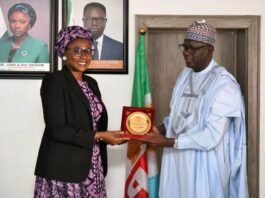 Dr. Jamila Bio Ibrahim, Hon. Minister of Youth Development and Engr. Sani Ndanusa (Mafara Nupe) Chairman, North Central People's Forum during their courtesy call on the Minister.