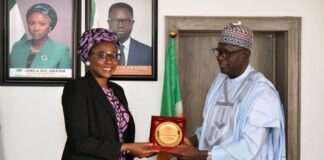 Dr. Jamila Bio Ibrahim, Hon. Minister of Youth Development and Engr. Sani Ndanusa (Mafara Nupe) Chairman, North Central People's Forum during their courtesy call on the Minister.
