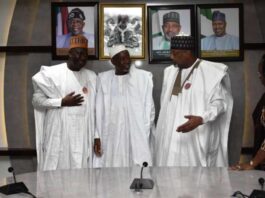 L-R, Minister of State, Agriculture and Food Security, Sen. Dr. Aliyu Abdullahi, Minister of Agriculture and Food Security, Sen. Abubakar Kyari and the Governor, Jigawa State, Mallam Umar Namadi, during the courtesy visit in Abuja.