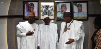 L-R, Minister of State, Agriculture and Food Security, Sen. Dr. Aliyu Abdullahi, Minister of Agriculture and Food Security, Sen. Abubakar Kyari and the Governor, Jigawa State, Mallam Umar Namadi, during the courtesy visit in Abuja.