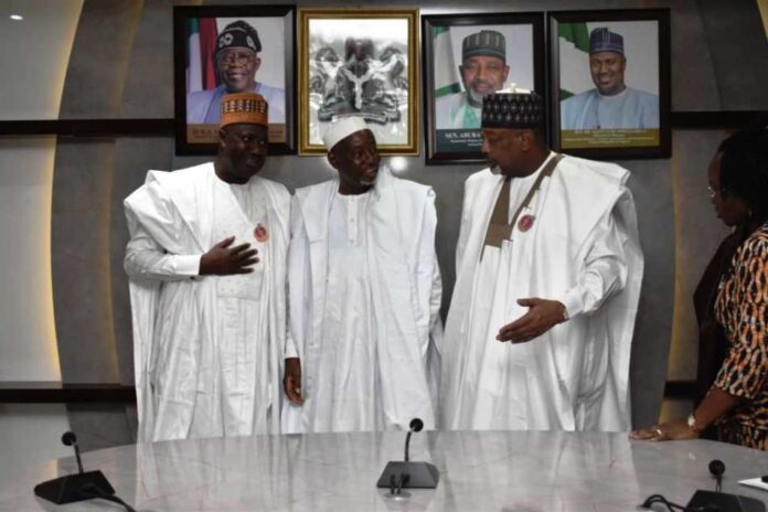 L-R, Minister of State, Agriculture and Food Security, Sen. Dr. Aliyu Abdullahi, Minister of Agriculture and Food Security, Sen. Abubakar Kyari and the Governor, Jigawa State, Mallam Umar Namadi, during the courtesy visit in Abuja.