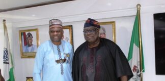 L-R: African Association of Public Administration & Management (AAPAM) Vice-President, Dada, Joseph Olugbenga (mni) with Hon. Chairman, Federal Civil Service Commission (FCSC), Prof. Tunji Olaopa when the Vice-President paid a courtesy visit to the Chairman.