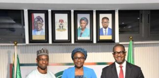 Middle, Dr. Jamila Bio Ibrahim, Hon. Minister of Youth Development, 1st left, Dr. Dunoma Umar Ahmed, Permanent Secretary, Federal Ministry of Youth Development and Mr. Solomon Quaynor, Vice President, African Development Bank during their courtesy call on the Minister.