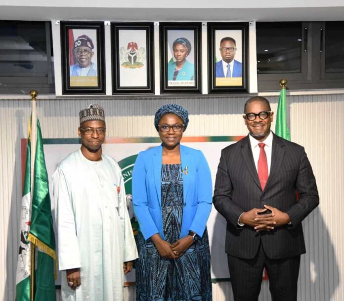 African Development Bank courtesy call1 Middle, Dr. Jamila Bio Ibrahim, Hon. Minister of Youth Development, 1st left, Dr. Dunoma Umar Ahmed, Permanent Secretary, Federal Ministry of Youth Development and Mr. Solomon Quaynor, Vice President, African Development Bank during their courtesy call on the Minister.