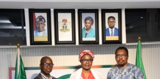 Middle, Dr. Jamila Bio Ibrahim, Hon. Minister of Youth Development, 1st right, Ehize Ilozavbie, head of delegation American Tower Corporation and Joseph Myapuria during their courtesy call on the Minister.