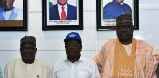 Middle, the Hon Minister of Works Engr. Nweze David Umahi, Right the Permanent Secretary Federal Ministry of Works Yakubu Adam KOFARMATA PhD and left, the President and Chairman of Council for the Regulation of Engineering in Nigeria (COREN). During a meeting with the Hon Minister of Works at Mabushi Abuja Today: 27th February, 2024.