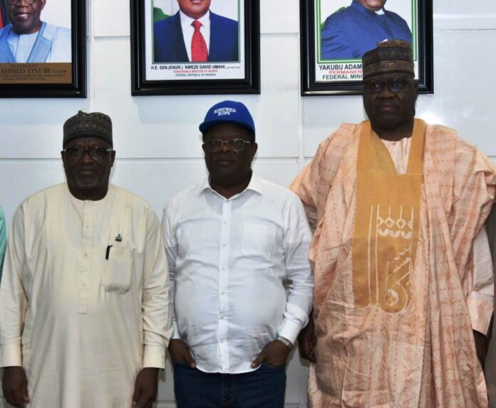 COREN in a meeting with Minister of Works Middle, the Hon Minister of Works Engr. Nweze David Umahi, Right the Permanent Secretary Federal Ministry of Works Yakubu Adam KOFARMATA PhD and left, the President and Chairman of Council for the Regulation of Engineering in Nigeria (COREN). During a meeting with the Hon Minister of Works at Mabushi Abuja Today: 27th February, 2024.