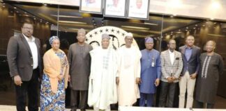 5th from Right, Arc. Ahmed Musa Dangiwa, Minister of Housing and Urban Development; 4th from Left, Engr. Abdullahi Tijjani Gwarzo, Minister of State, Housing and Urban Development; 4th from Right, Dr. Marcus Olaniyi Ogunbiyi; 3rd from Left, Rabiu Umar, Group Chief Commercial Officer for Dangote Industries Limited; 2nd from Right, Gbenga Onimowo, Commercial Director for Lafarge Cement PLC; 1st Right, James Salako, Secretary, Cement Manufacturers Association of Nigeria (CMAN); and other representatives of Cement Manufacturers at a Meeting to tackle the incessant hike in price of cement, convened by the Minister in Abuja on Tuesday 20th Feb, 2024.