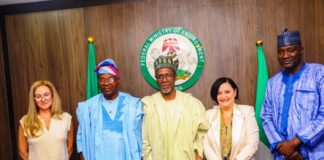 Centre, Hon Minister of Environment, Balarabe Abbas Lawal flanked to his right by the Minister of State, Dr Iziaq Adekunle Adeboye Salako and to his left by the Leader of of the delegation European Union (EU), Ambassador Samuela Isopi during the EU's working visit to the Federal Ministry of Environment, Mabushi Abuja. Right is the Permanent Secretary, Federal Ministry of Environment, Mahmud Adam Kambari at the event