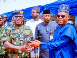 Vice President Kashim Shettima receives a prototype of the T129 ATAK helicopter from Chief of Air Staff, Air Marshal Hassan Abubakar during the induction ceremony of T129 ATAK Helicopter and Beechcraft King Air 360ER by the Nigeria Airforce at the Nigeria Airforce Base, Makurdi, Benue State on Tuesday, 6th February, 2023.