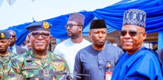 Vice President Kashim Shettima receives a prototype of the T129 ATAK helicopter from Chief of Air Staff, Air Marshal Hassan Abubakar during the induction ceremony of T129 ATAK Helicopter and Beechcraft King Air 360ER by the Nigeria Airforce at the Nigeria Airforce Base, Makurdi, Benue State on Tuesday, 6th February, 2023.