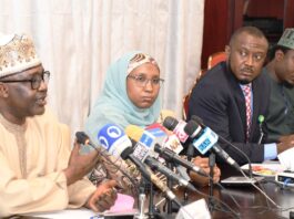 From left: Deputy Chief of Staff to the President, Office of the Vice President, Sen Ibrahim Hadeja, Founder and Chief Executive Officer, Outsource Global, Hajiya Amal Hassan; Senior Special Assistant to the President on Media and Communication, Mr Stanley Nkwocha and Senior Special Assistant to the President on Digital Media and Emergency Management Ahmed Ningi during a news conference on Launch of Outsource Global Initiative at the Presidential Villa in Abuja on Thursday (29/2/24)
