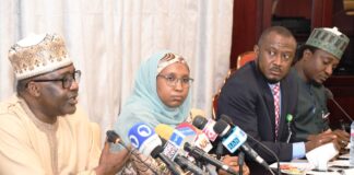 From left: Deputy Chief of Staff to the President, Office of the Vice President, Sen Ibrahim Hadeja, Founder and Chief Executive Officer, Outsource Global, Hajiya Amal Hassan; Senior Special Assistant to the President on Media and Communication, Mr Stanley Nkwocha and Senior Special Assistant to the President on Digital Media and Emergency Management Ahmed Ningi during a news conference on Launch of Outsource Global Initiative at the Presidential Villa in Abuja on Thursday (29/2/24)
