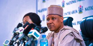 Minister of Information and National Orientation, Mohammed Idris with the Minister for Investment, Trade and Industry, Dr. Doris Uzoma-Anite during a Ministerial Press Briefing held at the National Press Center on Friday 16th February 2024.