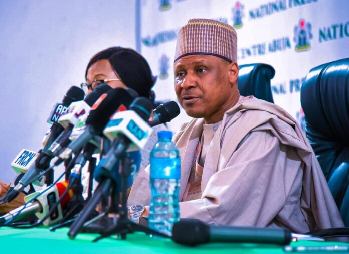 Minister of Information and National Orientation, Mohammed Idris with the Minister for Investment, Trade and Industry, Dr. Doris Uzoma-Anite during a Ministerial Press Briefing held at the National Press Center on Friday 16th February 2024.