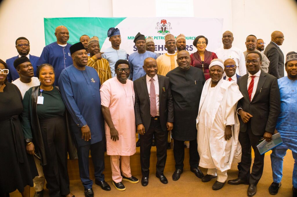 Minister of State Petroleum Resources ( Gas),Rt. Hon. Ekperikpe Ekpo (centre) in a group photograph with stakeholders in the gas sector during the Stakeholders' Consultative Meeting in Abuja