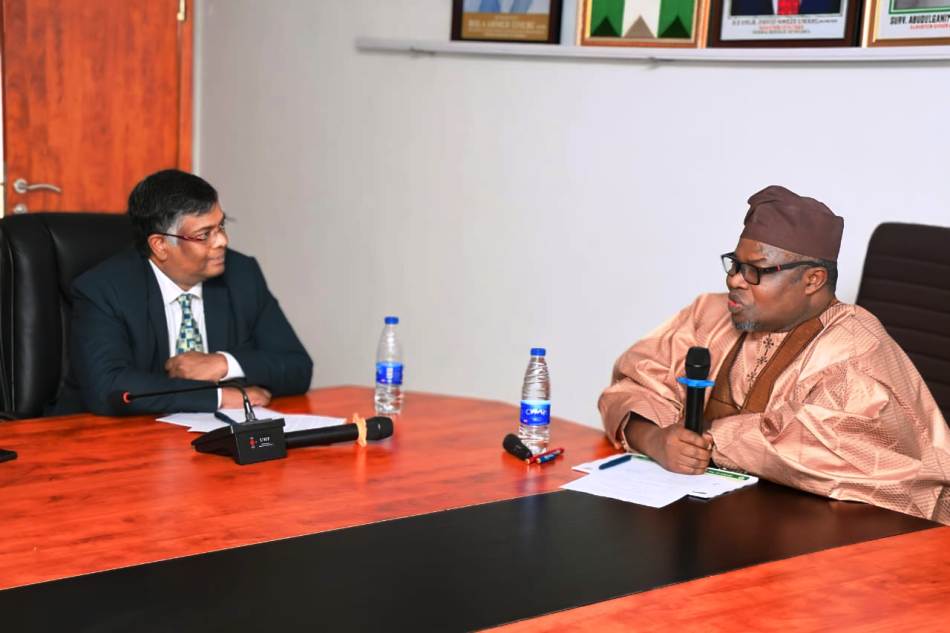 FROM RIGHT: Surveyor General of the Federation, Surv. Abuduganiyu A. Adebomehin mnis. fce , addressing the High Commissioner of India to Nigeria, Ambassador Shri G. Balasubramanian during a courtesy visit by the Indian Ambassador to OSGoF head Office in Abuja.