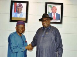 Left, the President of Nigeria Academic of Engineering, Engr. Azkiwe Peter Onwualu in a hand shake with the Permanent Secretary Federal Ministry of Works, Dr. Yakubu Adam KOFARMATA during a courtesy visit to the office of the Permanent Secretary. Today 7th February, 2024.