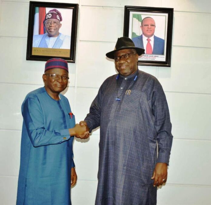 KOFARMATA during a courtesy visit Left, the President of Nigeria Academic of Engineering, Engr. Azkiwe Peter Onwualu in a hand shake with the Permanent Secretary Federal Ministry of Works, Dr. Yakubu Adam KOFARMATA during a courtesy visit to the office of the Permanent Secretary. Today 7th February, 2024.