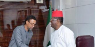 Right the Hon. Minister Of Works Engr. Nweze David Umahi In a hand shake with the leader Messrs NTN Nigeria Communications PLC during a meeting at the Ministry conference room Mabushi Abuja. Date: 13th February, 2024.